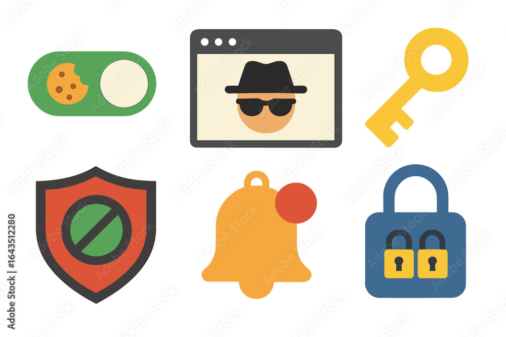 Aufkleber colorful icons representing security features in digital environments and privacy protection strateg