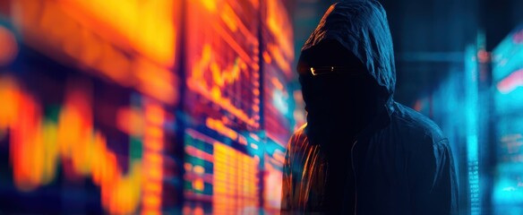 The mysterious hacker analyzing financial data in a digital environment.