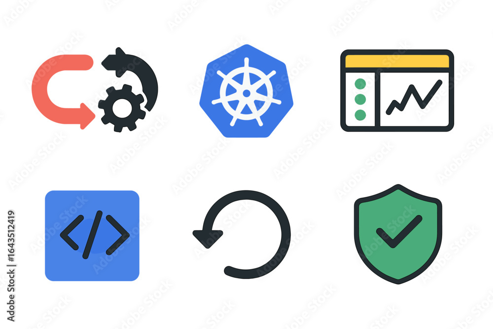 Poster icons representing technology concepts including development, deployment, monitoring, and security i