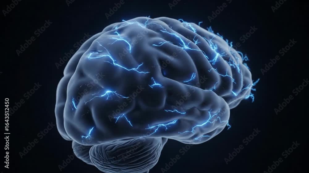 Aufkleber human brain neural network activity - a detailed 3d video of a human brain with vibrant blue neural 