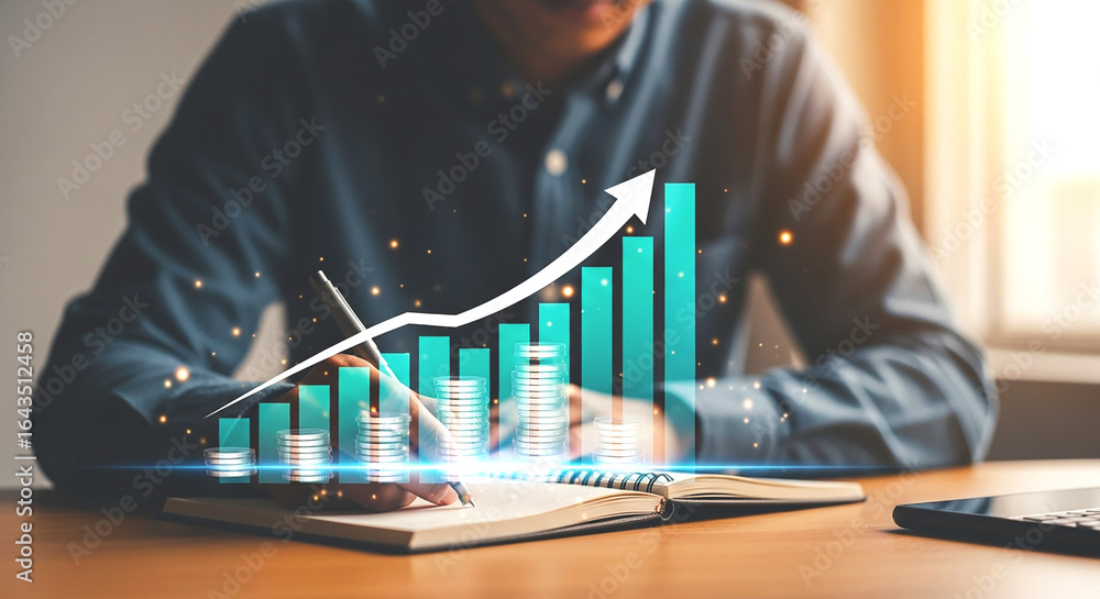 Poster man analyzing financial growth chart with coins and arrow on desk with notebook and laptop nearby