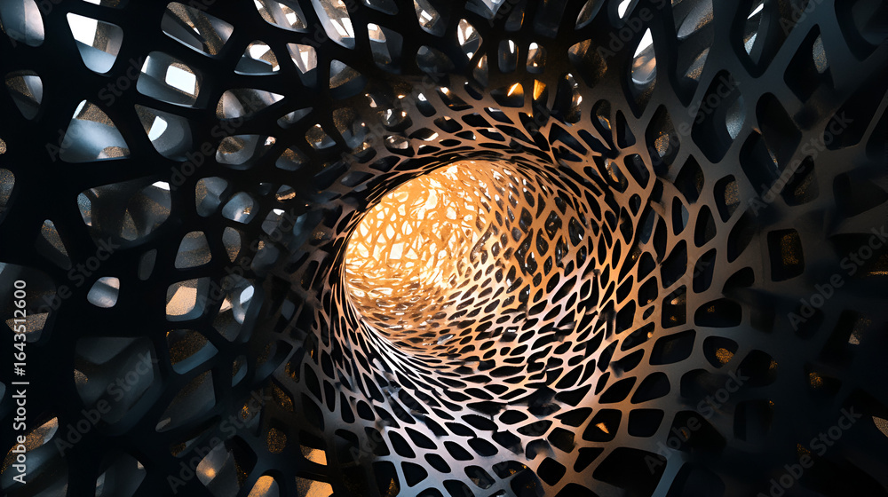 Poster abstract tunnel with an intricate, organic-looking lattice structure, creating a mesmerizing vortex 