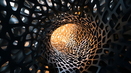 Abstract tunnel with an intricate, organic-looking lattice structure, creating a mesmerizing vortex effect with light and shadow interplay.