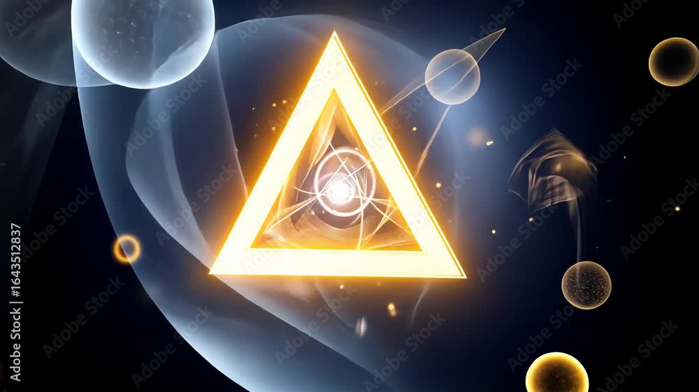 Poster abstract triangle with glowing orbs and dynamic energy waves