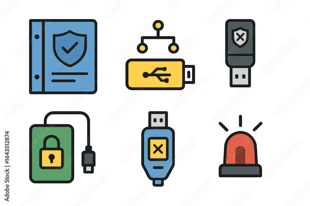 Poster computer security icons representing data protection and threat management with usb devices and aler