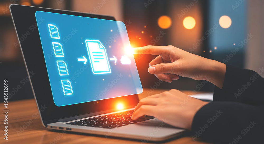 Poster person using laptop with file transfer graphic and digital interface on the screen displayed clearly
