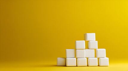 A minimalist pyramid of smooth cubes stacked against a vibrant yellow backdrop creates a sense of stability and geometric harmony, perfect for conceptual designs.