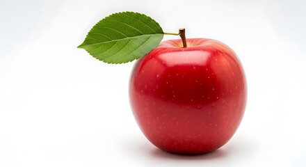 A fresh single red apple with a vibrant green leaf on a white background