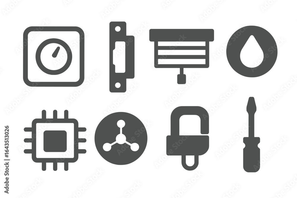 Poster collection of various icons representing technology, security, and tools on a simple background