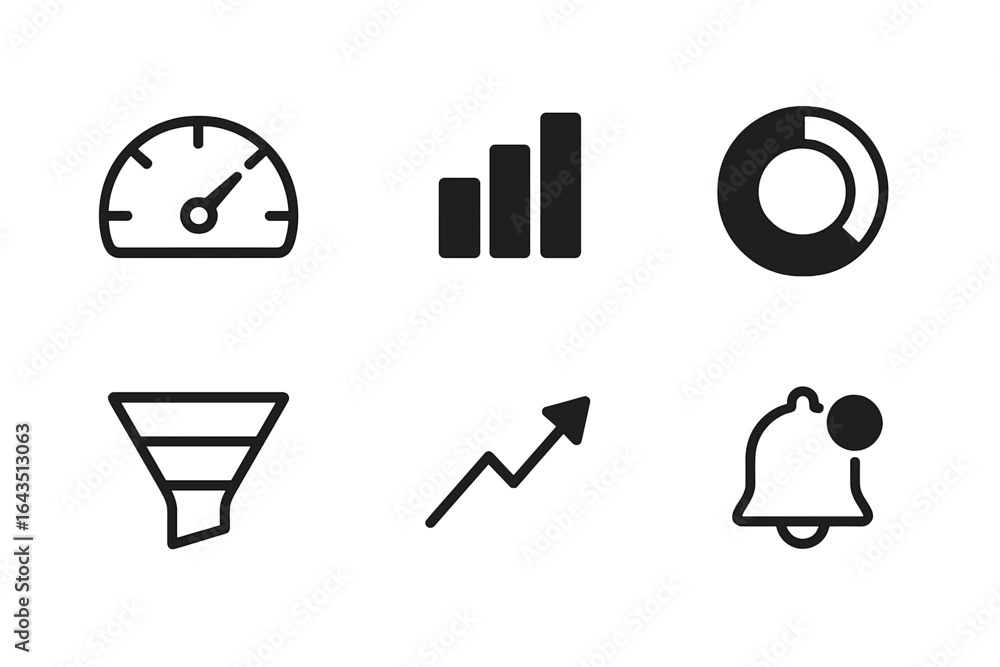 Poster dashboard icons representing various metrics and performance indicators in a digital analytics envir