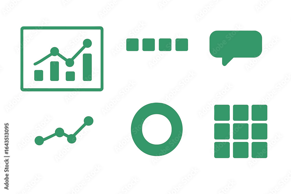 Poster various green data visualization icons suitable for tech presentations or reports on trends and stat