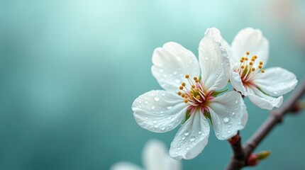 Close-Up of White Cherry Blossom Flowers with Dew Drops on Petals Against Soft Blue Background – Spring Nature Floral Macro, Delicate Petals and Tranquil Morning Mood.