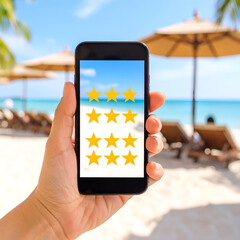 Hand holding a smartphone displaying five-star ratings on a beach scene.