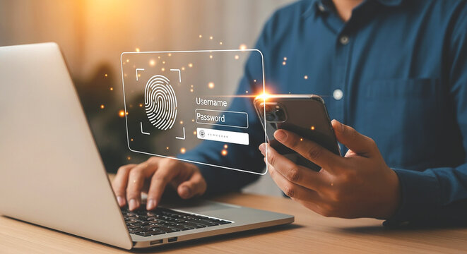 Man using laptop and smartphone with fingerprint authentication interface overlayed on the screen display