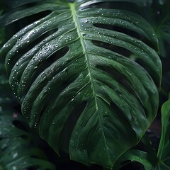 Extreme Close-Up of Monstera Leaf with Water Droplets in Soft Natural Light – Tropical Nature Background for Commercial Use