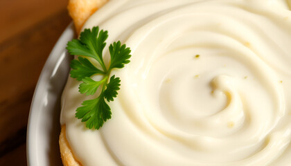 White Alfredo sauce in a bowl, sprinkled with black pepper, sharp creamy texture, fresh breadsticks in background.