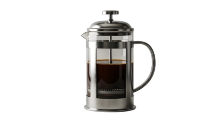 Metal and glass french press shines against black. Perfect for product photography, advertising, and branding mockups.