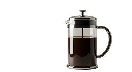 Dark Coffee in Glass French Press shines against black. Product photography for coffee branding, coffee posters, and coffee shop menus.