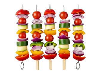 Ultra-realistic UHD photo of vibrant rainbow vegetable skewers with red, orange, yellow, green bell peppers, cherry tomatoes & purple onion on transparent, studio lit, concept of fresh healthy food