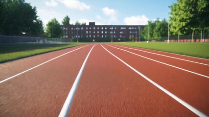 Running track outdoor sports athletic field red track white lane marking green grass school building sunny day blue sky tree lanes athletic stadium exercise fitness training competition red surface - Powered by Adobe