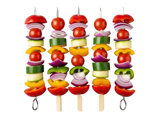 Ultra-realistic UHD photo of vibrant rainbow vegetable skewers with red, orange, yellow, green bell peppers, cherry tomatoes & purple onion on transparent, studio lit, concept of fresh healthy food