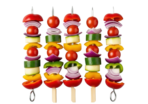 Ultra-realistic UHD photo of vibrant rainbow vegetable skewers with red, orange, yellow, green bell peppers, cherry tomatoes & purple onion on transparent, studio lit, concept of fresh healthy food