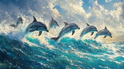 Fototapeta premium Dolphins leaping through ocean waves under cloudy sky