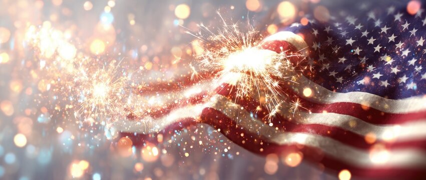 American flag waving with sparklers and festive lights