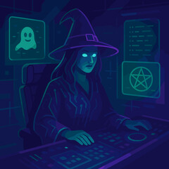 Cyber Witch in Futuristic Digital Control Room