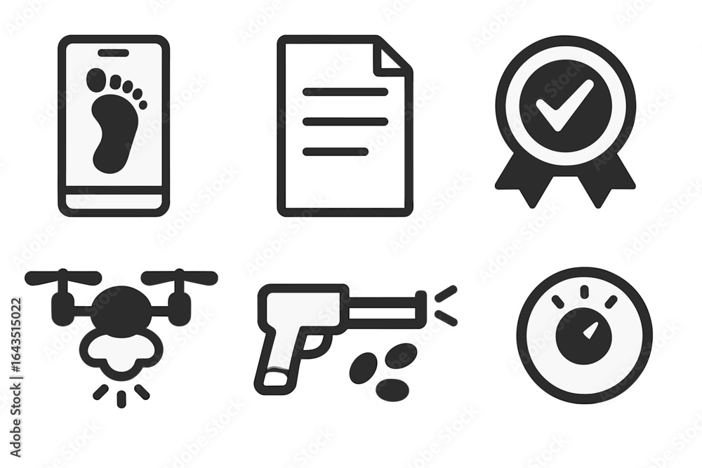 Poster various icons representing technology, documentation, and measurement on a simple background