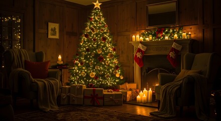 Fototapeta premium Warm Christmas Living Room with Decorated Tree, Fireplace, and Festive Ambiance