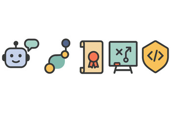 Creative icons representing technology, learning, and problem-solving in a modern design context