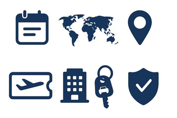 Travel planning icons for itinerary creation, hotel bookings, and transportation in global travel