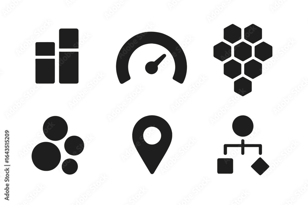 Poster various black icons representing data visualization, analysis, and geographic location on a light ba