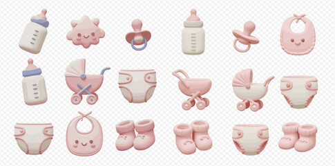 A cute 3D collection of pink baby girl essentials like bottles, pacifiers, strollers, and bibs.