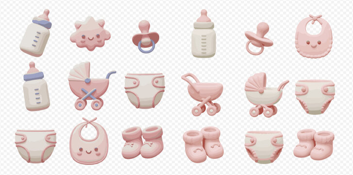 A cute 3D collection of pink baby girl essentials like bottles, pacifiers, strollers, and bibs.