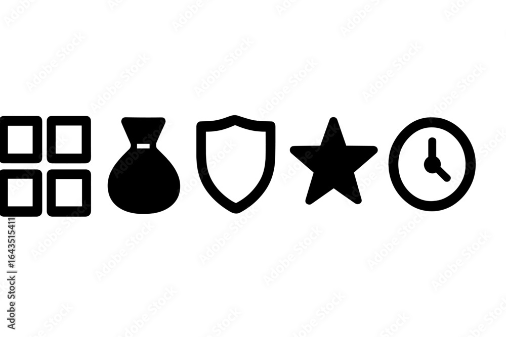 Poster key symbols representing various concepts in a minimalist design with black shapes on a white backgr