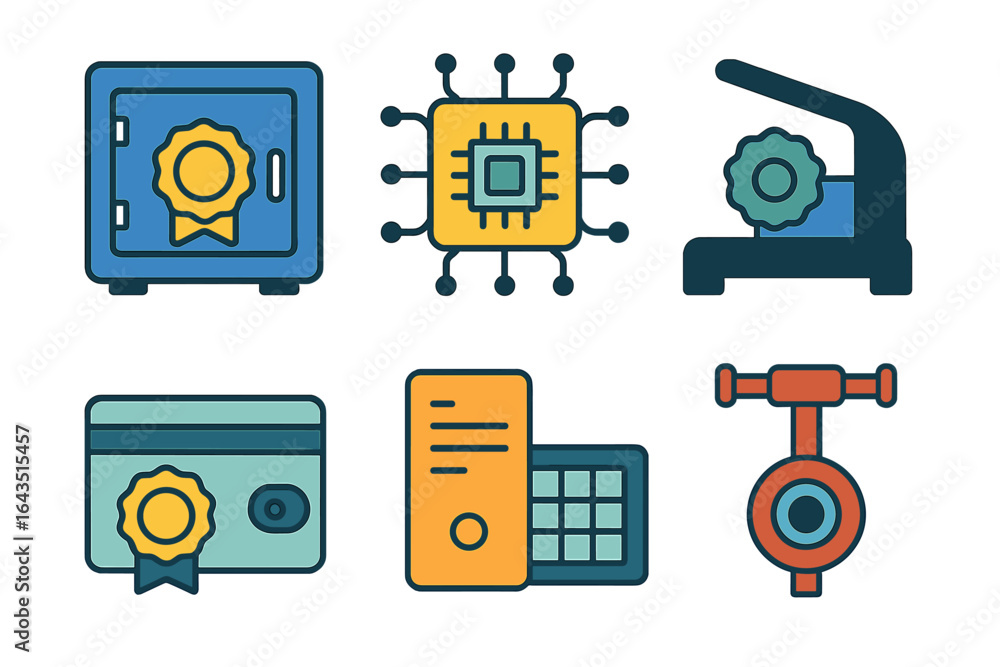 Poster various icons representing technology and security systems for data protection and information manag