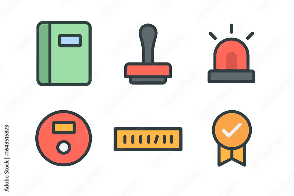 Aufkleber collection of colorful and simple icons representing various office and alert symbols in a minimalis