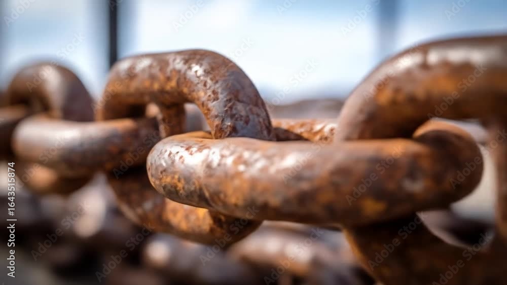 Poster macro shot of a rusty chain with interlocking links under bright sunlight against a blurry backgroun
