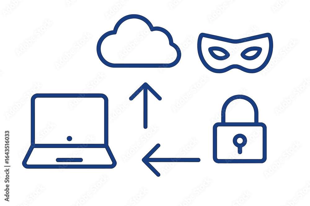 Poster symbols representing data security, cloud computing, online privacy, and identity protection in a di