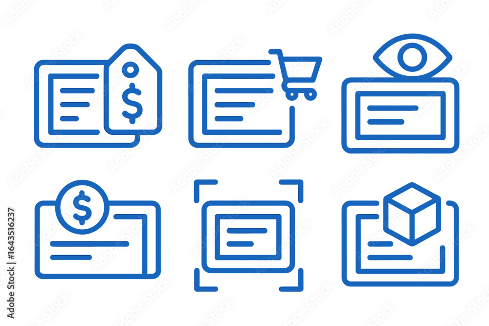Poster various icons representing digital shopping concepts and online transactions in a minimalistic desig