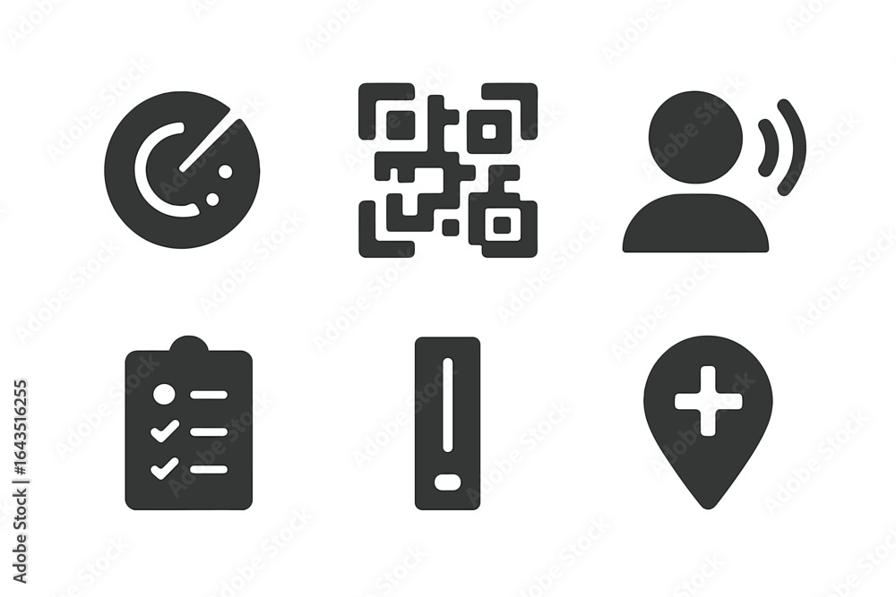 Poster collection of digital icons representing technology, communication, and location-based services for 