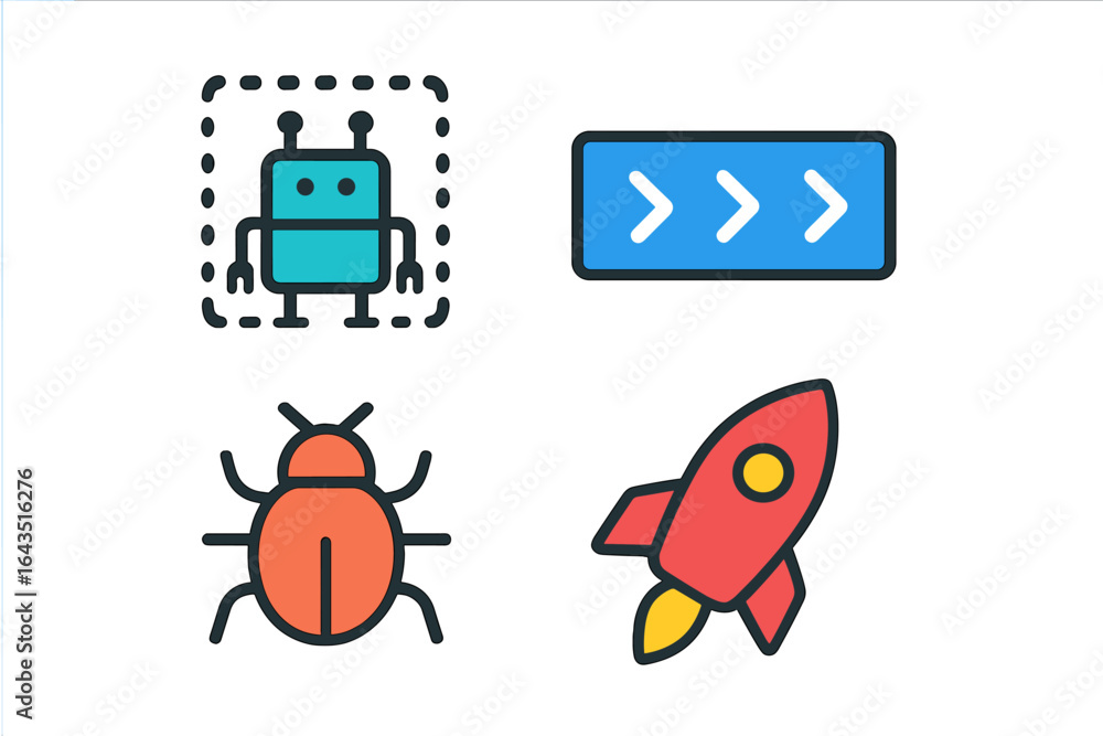 Poster robot icons and illustrations of a beetle and rocket in colorful graphics showcasing technology and 
