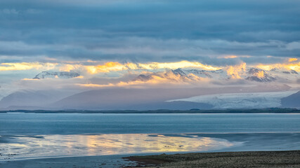 Amazing view of Vatnajokull Glacier at sunset.