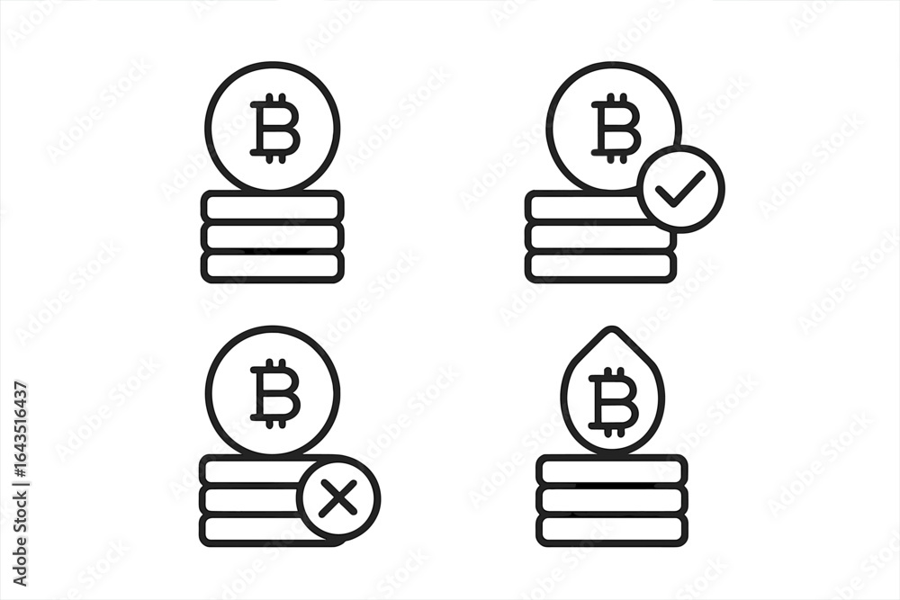 Poster various representations of cryptocurrency concepts with bitcoin symbol and stacks of coins in a clea