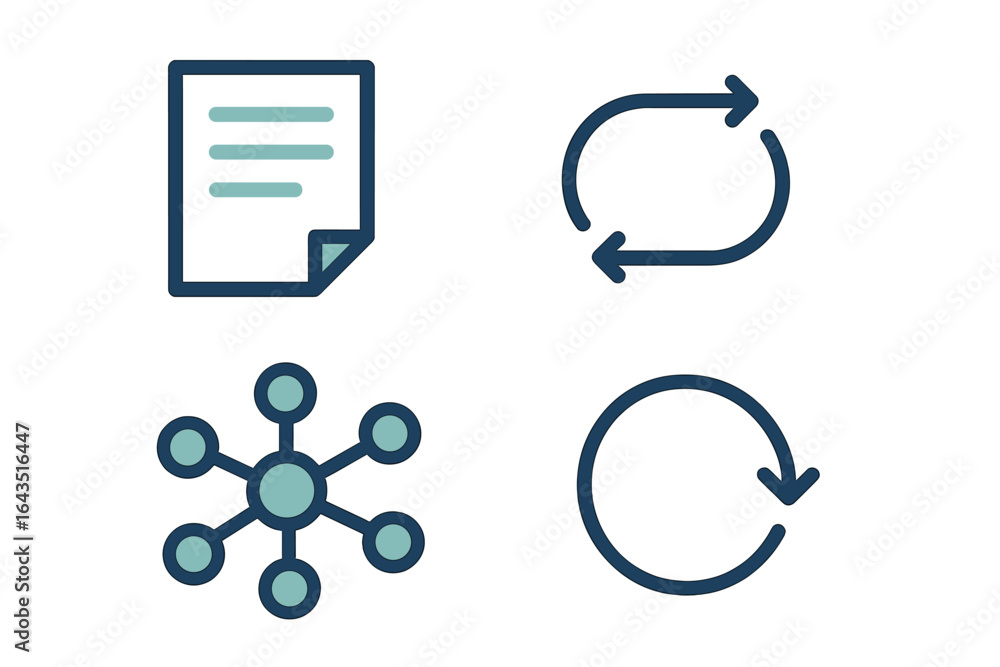Poster icons representing document management, process flow, network connection, and circular movement in a