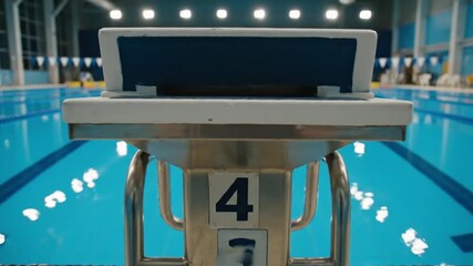 View of a swimming starting block with the number four at an empty indoor competition pool before a race