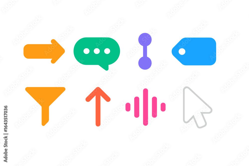 Poster colorful icons representing communication, data management, and navigation tools for digital interfa