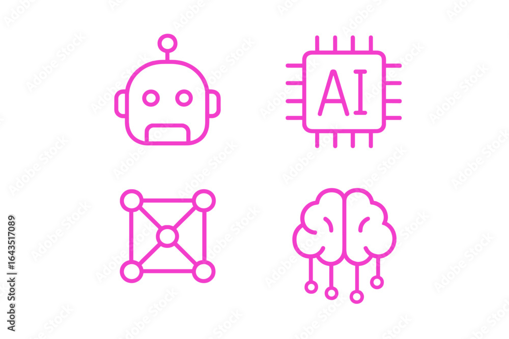 Poster icons representing artificial intelligence and robotics in vibrant pink design showcasing technology